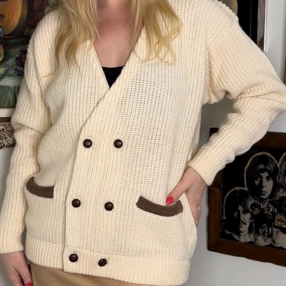 Vintage Cream and Brown Cable Knit Sweater Coat • Double Breasted Cardigan - S/M - Picture 1 of 5